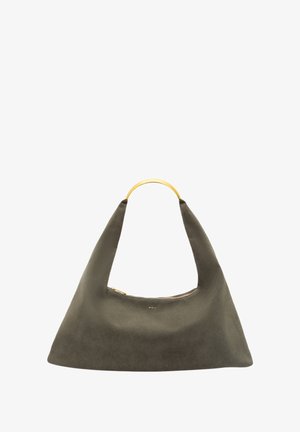 Olivinvihreä mokka käsilaukku, jossa on kaareva siluetti, kultainen metallikahva, vetoketjusulku ja vähäistä brändäystä edessä.