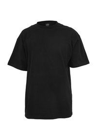 T-shirt noir à manches courtes et col rond avec une coupe décontractée, présenté sur un fond blanc.