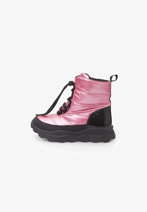 Pink, shiny synthetic ankle boot with black rubber sole, textured accents, and black laces. Features a pull tab at the back for easy wear.