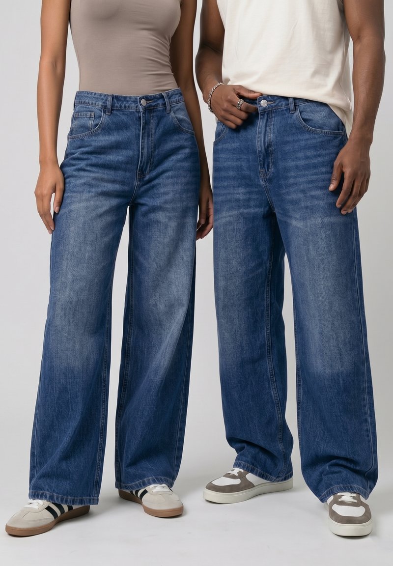 Due persone che indossano jeans blu larghi e sneakers casual, in piedi fianco a fianco su uno sfondo semplice.