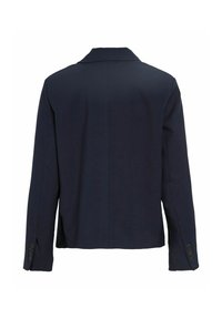 Blazer bleu marine foncé ajusté, vu de dos, avec manches longues et quatre boutons sur chaque manchette.