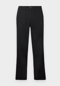 Black trousers displayed against a white background, featuring a straight leg design and a button closure at the waist.