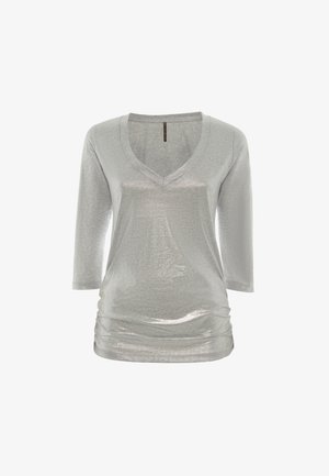Grey V-neck t-shirt with three-quarter sleeves, made from a textured, shiny material with gathered detailing at the hem.