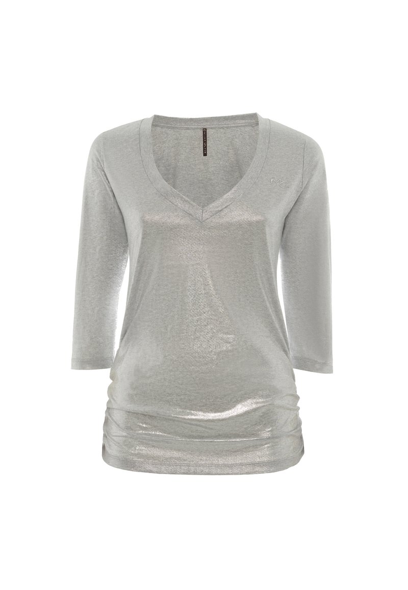 T-shirt grigia a V con maniche tre quarti, realizzata in un materiale strutturato e lucido con dettagli arricciati all'orlo.