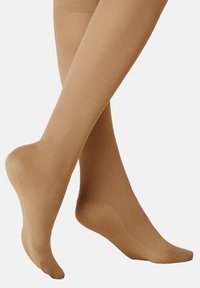 Beige transparente Strumpfhosen mit glatter Textur, verstärkter Spitze und matter Oberfläche. Das Design ist schlicht und körpernah.