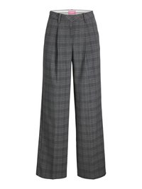 Grå rutete vide bukser med høy midje, med frontfold og glatt tekstur. Merket synlig inni midjen.