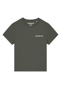 Dunkelolivgrünes T-Shirt mit Rundhalsausschnitt. Hat kurze Ärmel und der Text "SAG NIEMALS NIE" ist in Weiß auf der Brust gedruckt.
