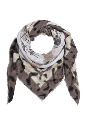 Large square scarf with beige, brown, and black abstract animal print, slightly frayed edges, folded in a circular shape.