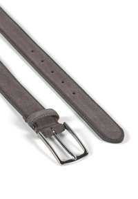 Gray suede belt with a smooth texture, featuring a shiny silver rectangular buckle and multiple adjustment holes along the strap.