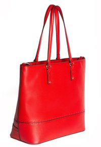 Borsa a tracolla rossa in pelle con due manici robusti, caratterizzata da una texture liscia, cuciture in contrasto e una forma rettangolare strutturata.