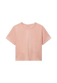 T-shirt court rose clair à manches courtes, fabriqué en tissu doux. Doté d'un col rond et de coutures visibles minimales.
