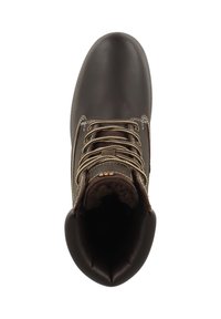 Stivale in pelle marrone con design a caviglia alta, dotato di lacci e cuciture beige. Fodera interna morbida e punta arrotondata.