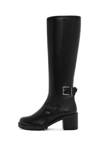 Black knee-high boot made of smooth leather. Features a chunky heel and a side buckle accent. Sole has a textured tread for grip.