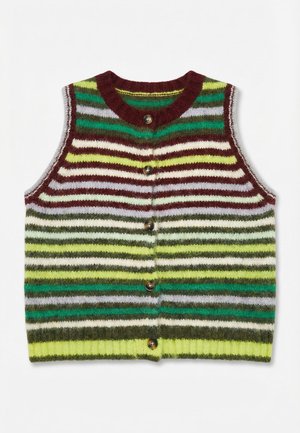 Πλεκτό αμάνικο γιλέκο με κουμπιά και οριζόντιες ρίγες σε μπορντό, πράσινο, κίτρινο, άσπρο και γκρι σε λευκό φόντο.