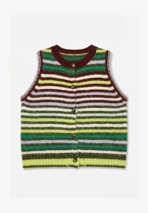 Buttoned knitted sleeveless vest with horizontal stripes in burgundy, green, yellow, white, and gray on a white background.