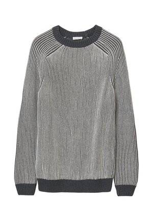Grau-weiß gestreifter Strickpullover mit Rundhalsausschnitt, gerippten Bündchen und Saum. Verfügt über ein strukturiertes Muster und Raglanärmel.