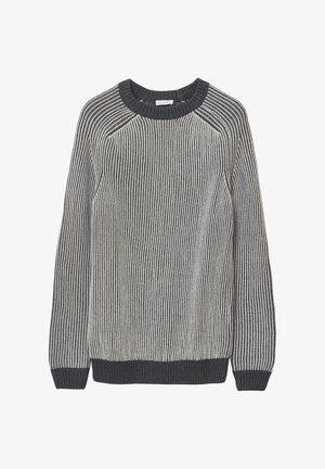 Gray and white striped knit sweater with a round neck, ribbed cuffs, and hem. Features a textured pattern and raglan sleeves.