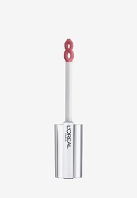Rouge à lèvres liquide L'Oréal Paris dans un tube transparent avec une base argentée. Il est équipé d'un applicateur en forme de flocon et d'une teinte rose doux.