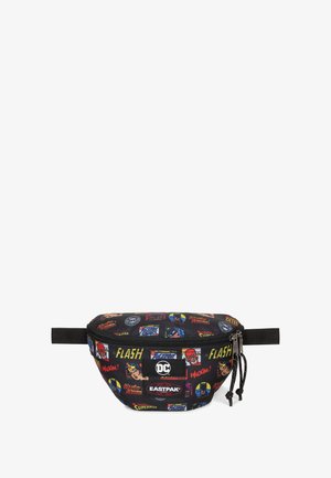 Czarna nerka wykonana z teksturowanej tkaniny, z kolorowymi grafikami postaci z DC Comics i metką z logo, z zamkiem błyskawicznym i regulowanym paskiem.