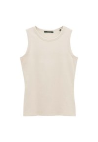 Débardeur sans manches de couleur beige clair, à côtes, avec un col rond et une silhouette ajustée. Fabriqué en coton doux.