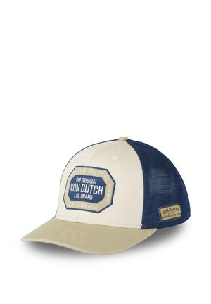 Gorra de béisbol Von Dutch beige y azul marino con parte trasera de malla, logo en parche delantero y etiqueta lateral con el texto "Von Dutch Motorcycle Club."