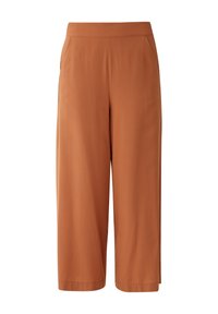 Pantalon à jambes larges de couleur terre cuite chaude. Confectionné dans un tissu lisse avec une taille haute et des poches latérales, offrant une coupe décontractée.
