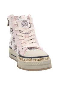 High-top pink sneakers with metallic accent patches, textured sides, front lacing, and a beige rubber sole featuring a printed quote.
