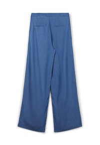 Pantaloni larghi blu con cintura elasticizzata e due tasche a filetto posteriori, mostrati di spalle su uno sfondo bianco.