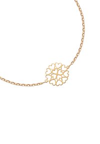 Naszyjnik w złotym odcieniu o wzorze łańcucha. Centralny wisiorek przedstawia splecione serca w kwiatowym wzorze. Gładkie wykończenie.