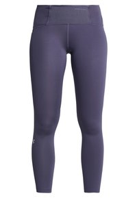 Purple athletic leggings made from a stretchy material. Features a high waistband and smooth texture, with a logo on the lower leg.