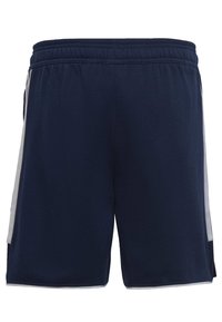 Marineblauwe sportshorts met een elastische tailleband, voorzien van witte zijpanelen en zachte, gestructureerde stof.