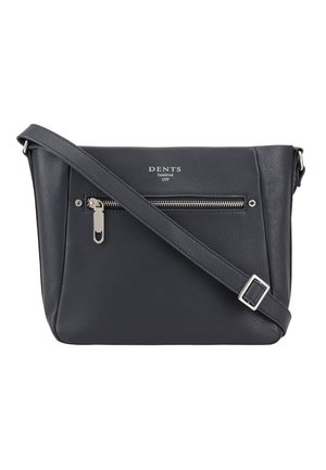 Black leather crossbody bag with silver zipper pocket on front and adjustable strap with buckle.