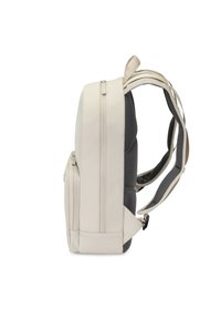 Beżowy plecak o usztywnionej konstrukcji, z teksturowanym szarym panelem tylnym, wyściełanymi paskami oraz przednią kieszenią zapinaną na zamek do przechowywania.