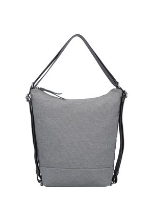 Sac en tissu gris avec un design épuré, doté d'une seule bandoulière en cuir noir et d'une fermeture zippée sur le dessus. Texture subtile et détails minimalistes.