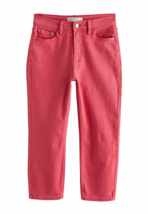 Schmal geschnittene, mittelhohe Jeans in Korallenrosa mit Frontknopf und Reißverschluss, Gürtelschlaufen und Fünf-Taschen-Design vor weißem Hintergrund.