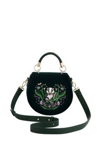 Zielona welurowa torebka na złotych akcesoriach, z haftowanym borsukiem otoczonym elementami kwiatowymi z przodu. Zawiera odpinany pasek.