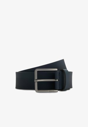 Navy leather belt with a smooth texture, perforated design, and a silver metal buckle featuring the brand name "BOSS."