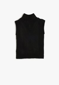 Top negro sin mangas de cuello alto, hecho de tejido de punto acanalado, con un dobladillo recto. Detalles de superficie texturizada visibles.