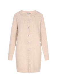 Hellbeige Cardigan aus weichem Strickmaterial, mit Rundhalsausschnitt, langen Ärmeln, perlenähnlichen Knöpfen und dekorativen Perlen an den Schultern.