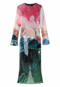 Robe à manches longues avec un imprimé coloré et abstrait de oiseaux et de lunes. Fabriquée dans un matériau léger, elle présente une silhouette fluide et des manches festonnées.