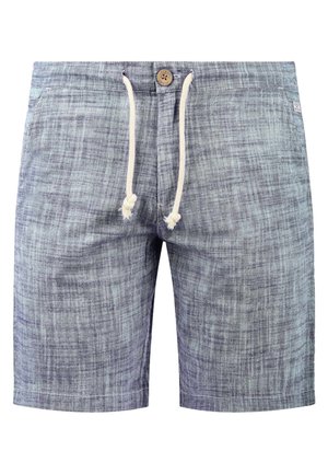 Férfi farmer sort világoskék színben, textúrált mintával. Húzózsinórral ellátott derék és elöl gombos záródás jellemzi.