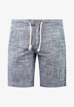 Férfi farmer sort világoskék színben, textúrált mintával. Húzózsinórral ellátott derék és elöl gombos záródás jellemzi.