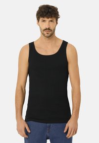 Schwarzes Baumwolltanktop mit breiten Trägern, rundem Halsausschnitt und figurbetonter Passform. Die gerippte Textur unterstreicht die Dehnbarkeit des Materials.