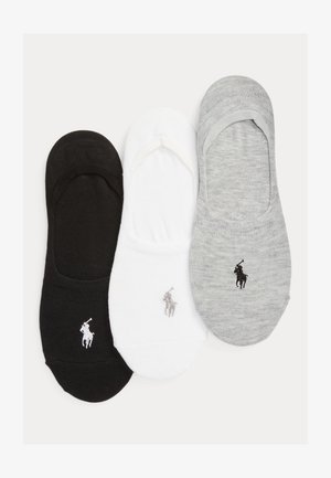 Trei șosete invizibile în negru, alb și gri, fiecare având un mic logo brodat cu un jucător de polo lângă zona degetelor.