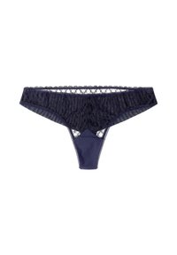 Tanga bleu marine en dentelle et satin, présentant un motif floral, des bords festonnés et un panneau central en forme de triangle pour une touche supplémentaire.