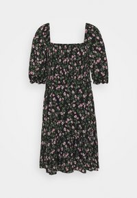 Schwarzes Kleid mit quadratischem Ausschnitt, kurzen Puffärmeln und einem gerafften Taillenbereich. Es hat einen floralen Druck mit pinken Blumen und grünen Blättern.