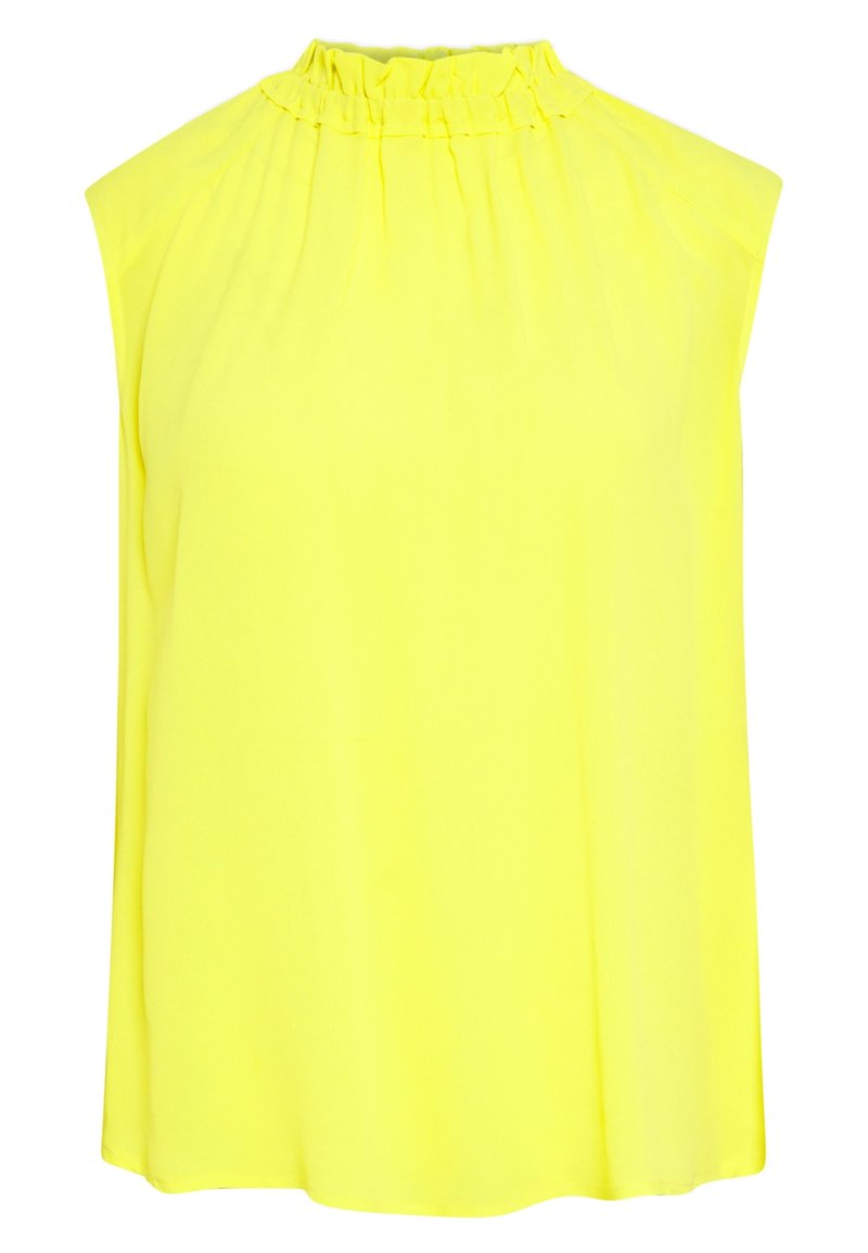 Haut sans manches jaune avec un col montant et des détails froncés. Fabriqué à partir d'un tissu lisse et léger avec une coupe ample.