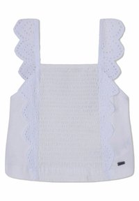 Biała bawełniana bluzka z marszczonym korpusem, szerokimi ramiączkami z falbaniastym ozdobnym wykończeniem oraz prostym dołem.