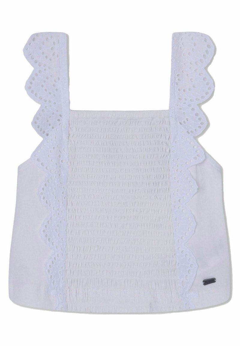 Biała bawełniana bluzka z marszczonym korpusem, szerokimi ramiączkami z falbaniastym ozdobnym wykończeniem oraz prostym dołem.