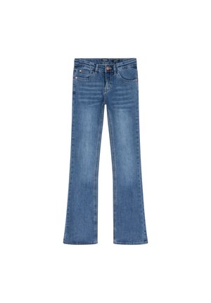 Blaue Bootcut-Jeans mit fünf Taschen und Knopfverschluss, flach auf weißem Hintergrund dargestellt.